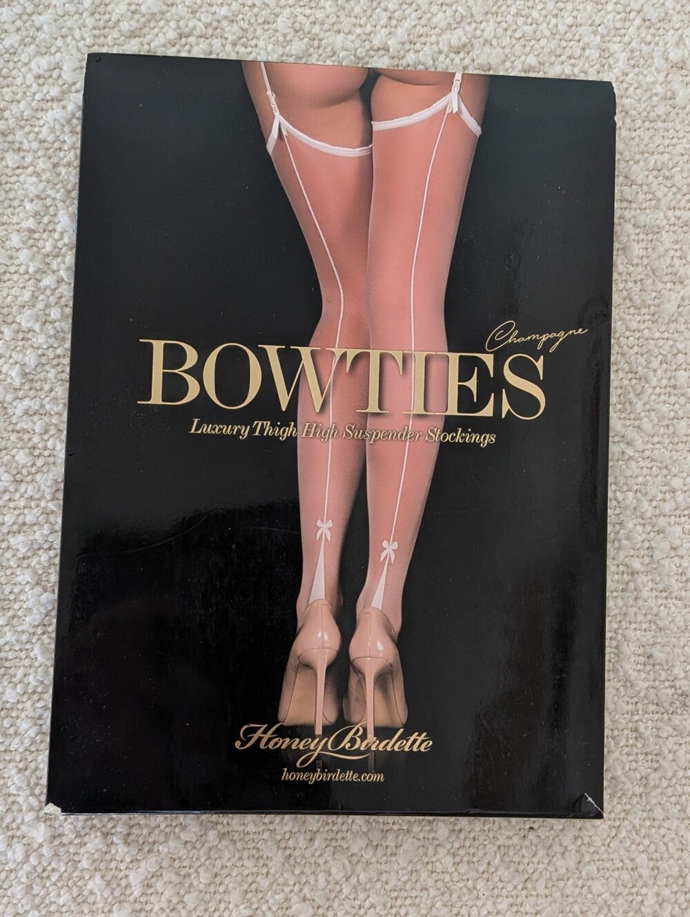 Honey Birdette Bowties Luxury Thigh High Stockings — Champagne With White Trim